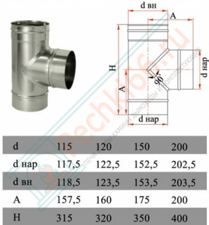 Тройник 90° без изол (НЕРЖ-321/0,8) d-180 (Дымок-Lux)