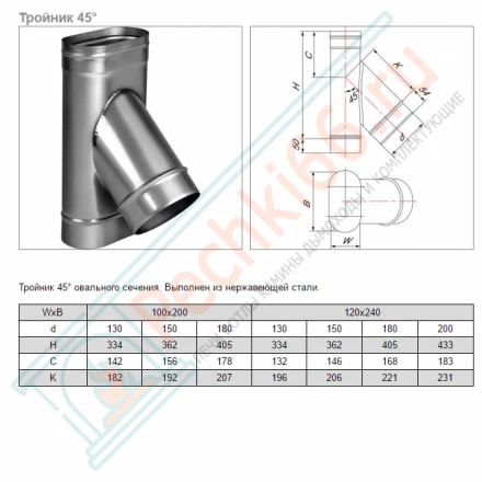 Тройник 45° VOG (AISI-321/0,8) 120х240мм, d-200 (Вулкан)